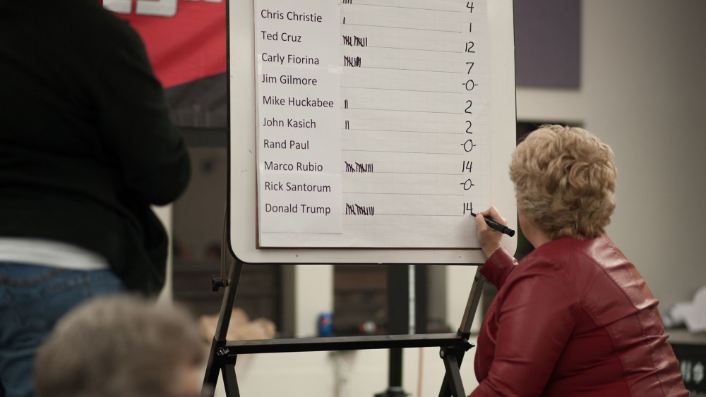 A volunteer tallies votes for a precinct at a Republican Party Caucus inside Keokuk High School on Feb. 1, 2016 in Keokuk, Iowa. (Photo by Michael B. Thomas/AFP/Getty)