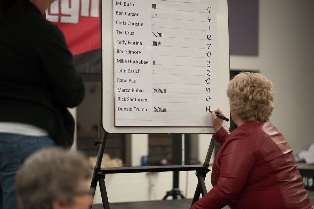 A volunteer tallies votes for a precinct at a Republican Party Caucus inside Keokuk High School on Feb. 1, 2016 in Keokuk, Iowa. (Photo by Michael B. Thomas/AFP/Getty)