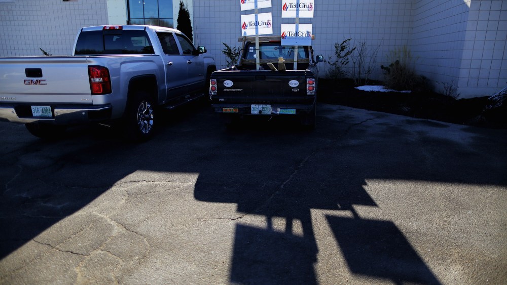 Campaign signs stand in the bed of a pickup truck outside the Crossing Life Church where Sen. Ted Cruz (R-TX) held a campaign town hall meeting Feb. 2, 2016 in Windham, N.H. (Photo by Chip Somodevilla/Getty)