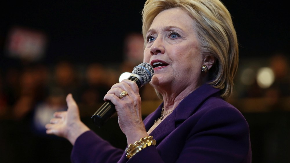 Democratic presidential candidate former Secretary of State Hillary Clinton speaks during a "get out the vote" event at Nashua Community College on Feb. 2, 2016 in Nashua, N.H. (Photo by Justin Sullivan/Getty)