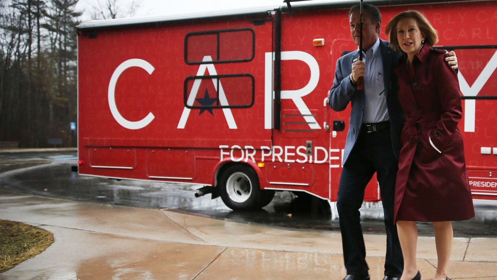 Republican presidential candidate Carly Fiorina and her husband Frank Fiorina arrive for a town hall on Feb. 3, 2016 in Stratham, N.H. (Photo by Joe Raedle/Getty)