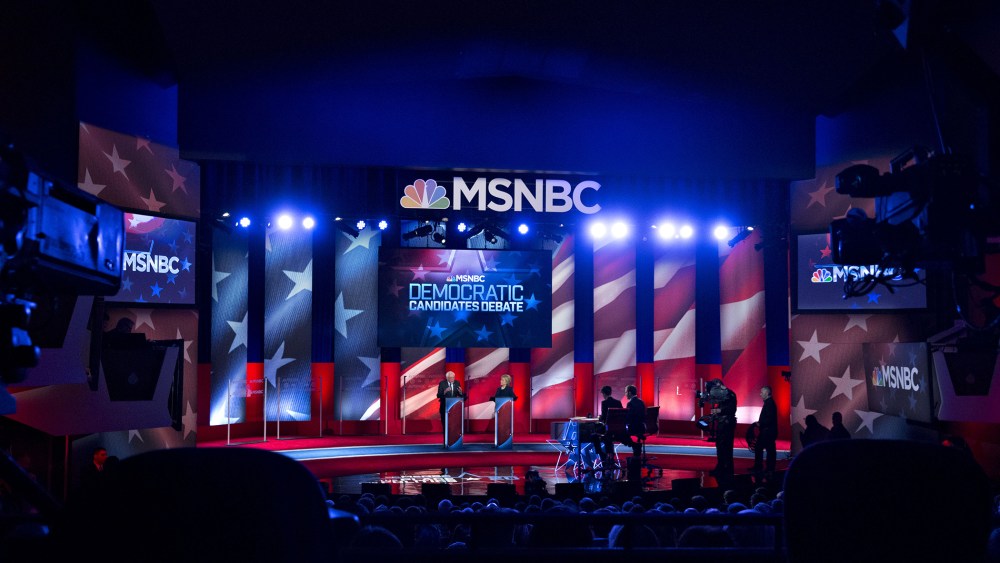 Hillary Clinton and Senator Bernie Sanders participate in the MSNBC Democratic presidential candidate debate at the University of New Hampshire in Durham, N.H., Feb. 4, 2016. (Photo by Andrew Harrer/Bloomberg/Getty)
