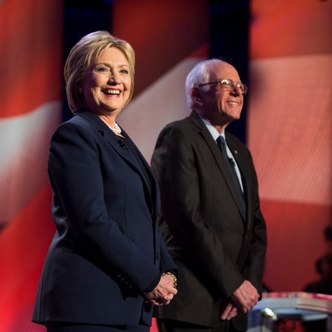 Hillary Clinton and Bernie Sanders appear during the "MSNBC Democratic Candidates Debate" on Feb. 4, 2016 at the University of New Hampshire at Durham in Durham, N.H. (Photo by Scott Eisen/MSNBC/NBCU Photo Bank/Getty)