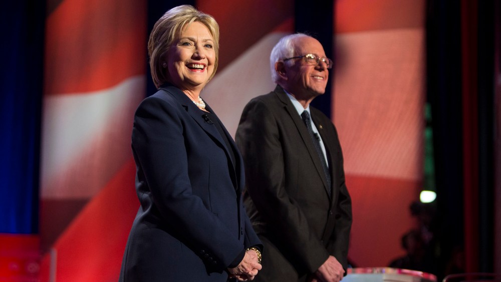 Hillary Clinton and Bernie Sanders appear during the "MSNBC Democratic Candidates Debate" on Feb. 4, 2016 at the University of New Hampshire at Durham in Durham, N.H. (Photo by Scott Eisen/MSNBC/NBCU Photo Bank/Getty)