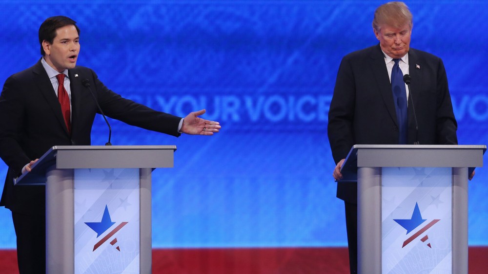 Republican presidential candidates Sen. Marco Rubio and Donald Trump participate in the Republican presidential debate at St. Anselm College, Feb. 6, 2016 in Manchester, N.H. (Photo by Joe Raedle/Getty)