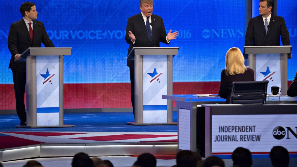 Donald Trump speaks at the Republican presidential candidate debate sponsored by ABC News and the Independent Journal Review at Saint Anselm College in Manchester, N.H., Feb. 6, 2016. (Photo by Andrew Harrer/Bloomberg/Getty)