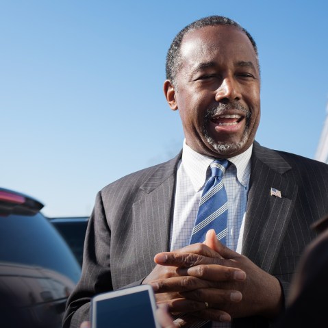 Republican presidential candidate Ben Carson speaks to reporters after stopping at The Airport Diner on Feb. 7, 2016 in Manchester, N.H. (Photo by Matthew Cavanaugh/Getty)