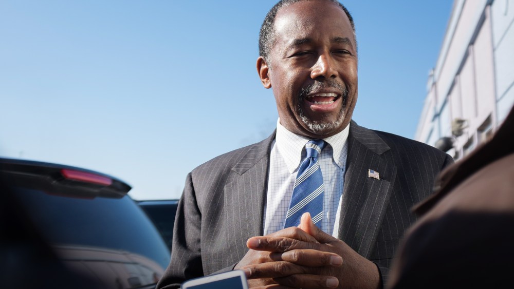 Republican presidential candidate Ben Carson speaks to reporters after stopping at The Airport Diner on Feb. 7, 2016 in Manchester, N.H. (Photo by Matthew Cavanaugh/Getty)