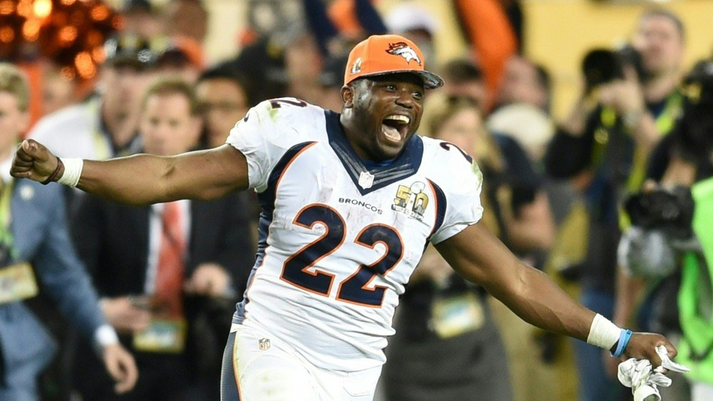C. J. Anderson of the Denver Broncos celebrates after Super Bowl 50 at Levi's Stadium in Santa Clara, Calif., Feb. 7, 2016. The Broncos beat the Carolina Panthers 24-10. (Photo by Timothy A. Clary/AFP/Getty)