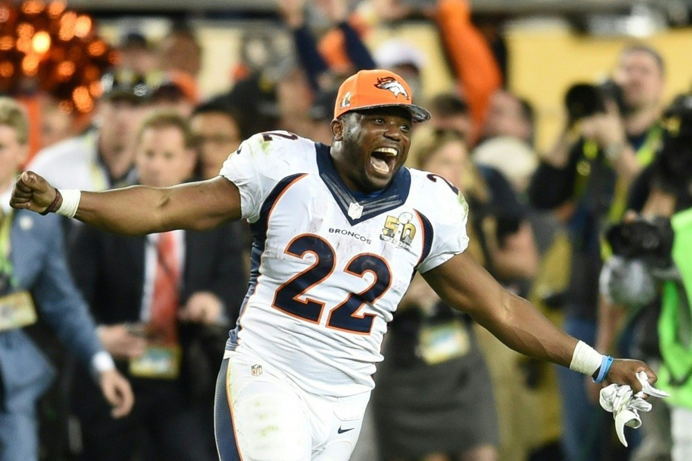 C. J. Anderson of the Denver Broncos celebrates after Super Bowl 50 at Levi's Stadium in Santa Clara, Calif., Feb. 7, 2016. The Broncos beat the Carolina Panthers 24-10. (Photo by Timothy A. Clary/AFP/Getty)