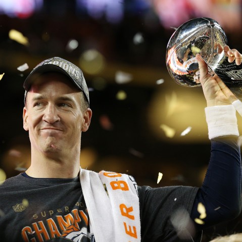 Peyton Manning #18 of the Denver Broncos celebrates with the Vince Lombardi Trophy after Super Bowl 50 at Levi's Stadium on Feb. 7, 2016 in Santa Clara, Calif. (Photo by Patrick Smith/Getty)