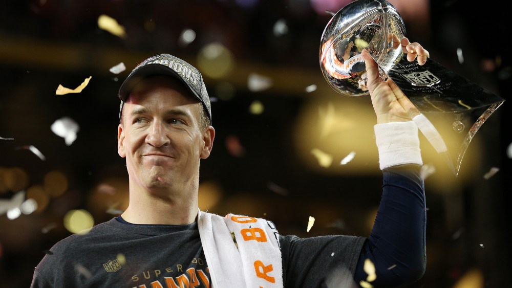 Peyton Manning #18 of the Denver Broncos celebrates with the Vince Lombardi Trophy after Super Bowl 50 at Levi's Stadium on Feb. 7, 2016 in Santa Clara, Calif. (Photo by Patrick Smith/Getty)