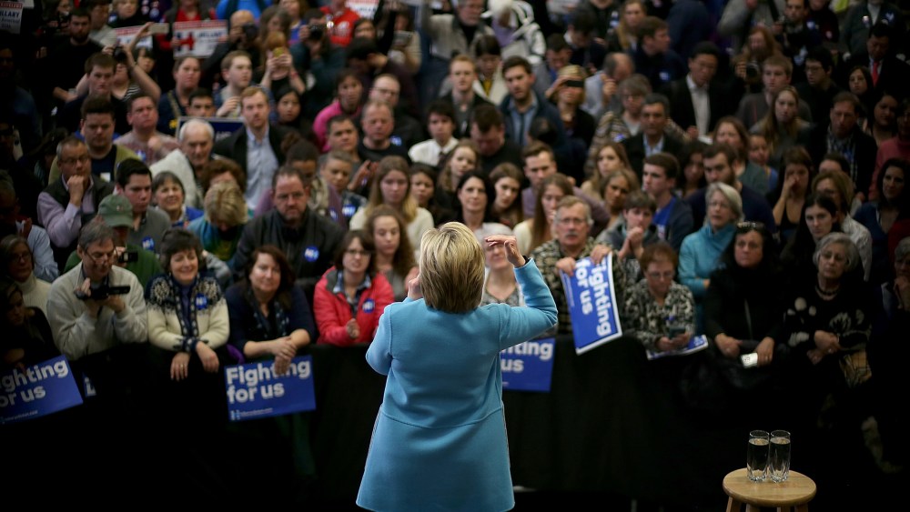 Democratic presidential candidate former Secretary of State Hillary Clinton speaks at Manchester Community College on Feb. 8, 2016 in Manchester, N.H. (Photo by Justin Sullivan/Getty)