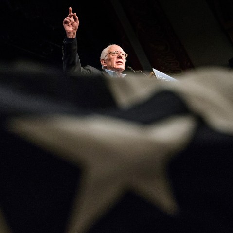 Democratic presidential hopeful Sen. Bernie Sanders (D-VT) speaks at a campaign rally at Palace Theater on Feb. 8, 2016 in Manchester, N.H. (Photo by Andrew Burton/Getty)