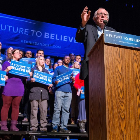 Democratic presidential hopeful, Sen. Bernie Sanders (D-VT) speaks at a campaign rally at the Pinkerton Academy Stockbridge Theatre, Feb. 8, 2016 in Derry, N.H. (Photo by Andrew Burton/Getty)