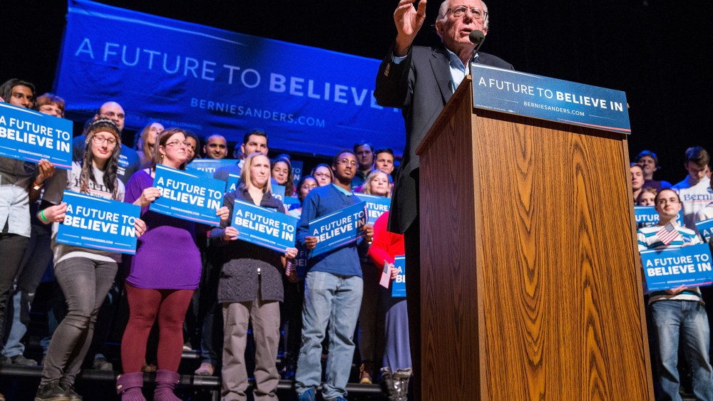 Democratic presidential hopeful, Sen. Bernie Sanders (D-VT) speaks at a campaign rally at the Pinkerton Academy Stockbridge Theatre, Feb. 8, 2016 in Derry, N.H. (Photo by Andrew Burton/Getty)