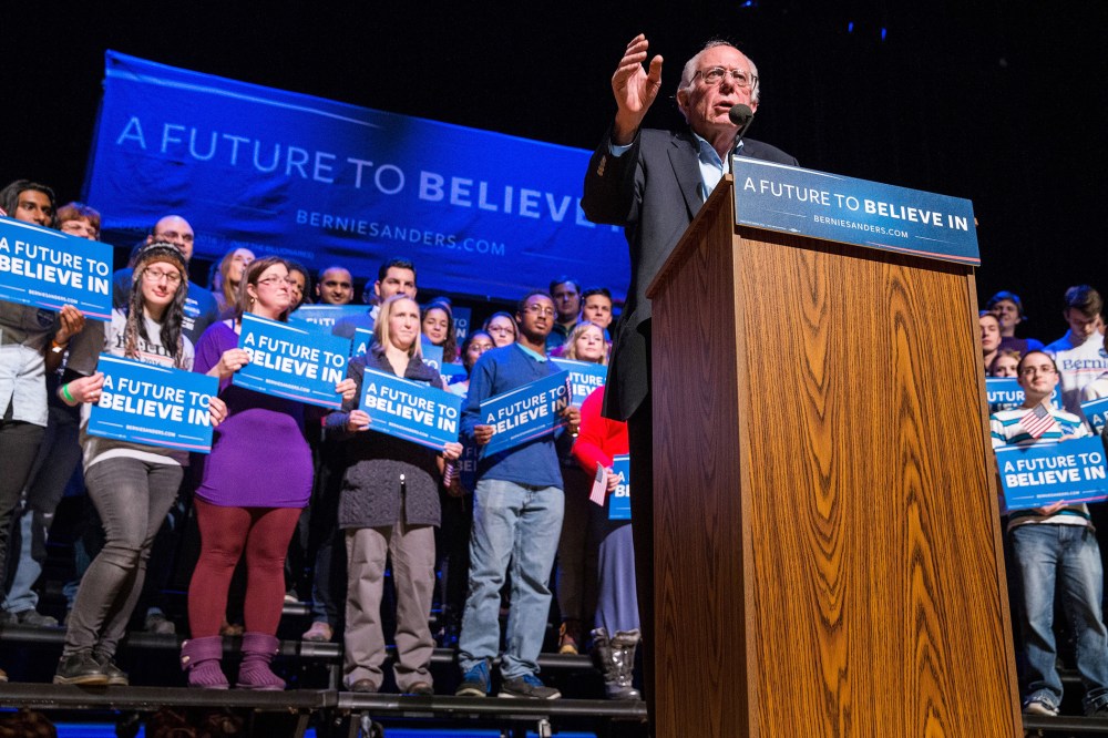 Democratic presidential hopeful, Sen. Bernie Sanders (D-VT) speaks at a campaign rally at the Pinkerton Academy Stockbridge Theatre, Feb. 8, 2016 in Derry, N.H. (Photo by Andrew Burton/Getty)