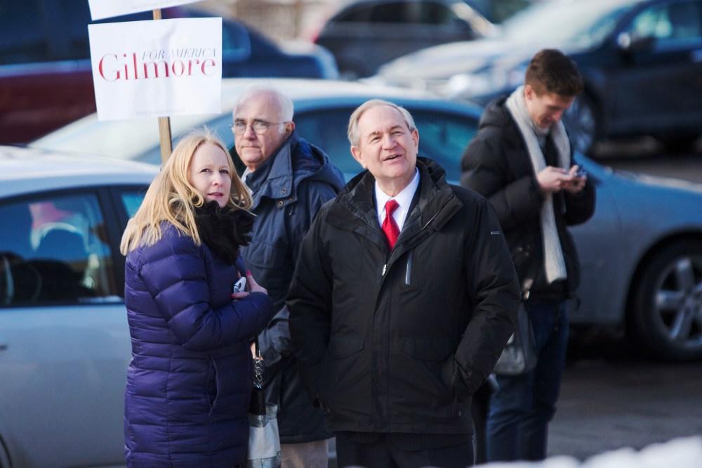 Republican presidential candidate Jim Gilmore greets voters outside the polling place at Webster School on primary day Feb. 9, 2016 in Manchester, N.H. (Photo by Scott Eisen/Getty)