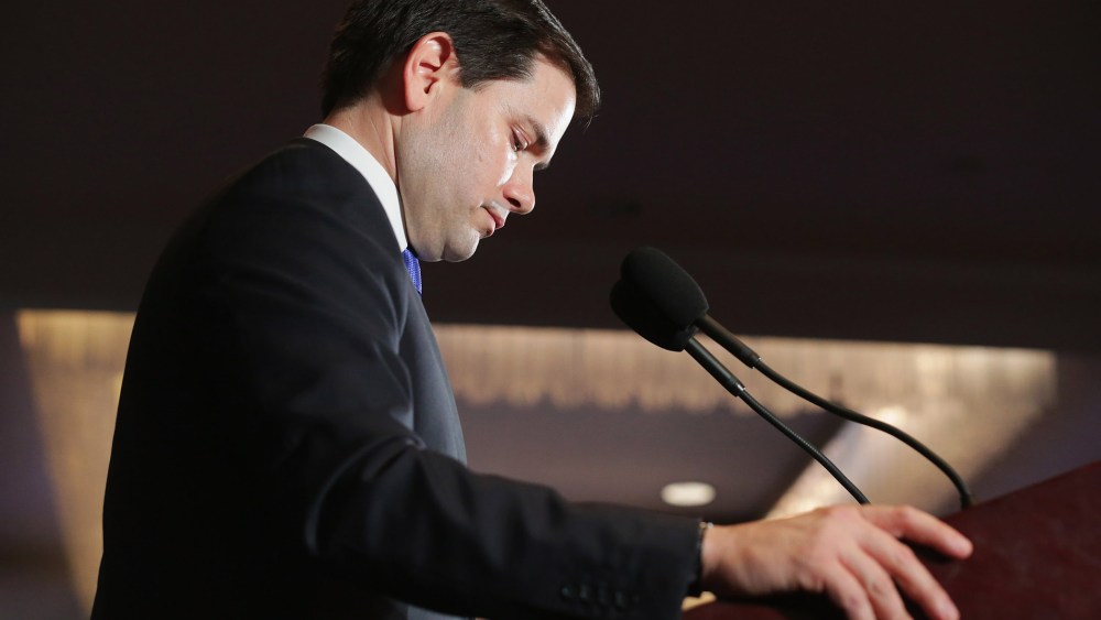 Republican presidential candidate Sen. Marco Rubio (R-Fla.) delivers remarks during a primary election night party at the Radisson hotel Feb. 9, 2016 in Manchester, N.H. (Photo by Chip Somodevilla/Getty)