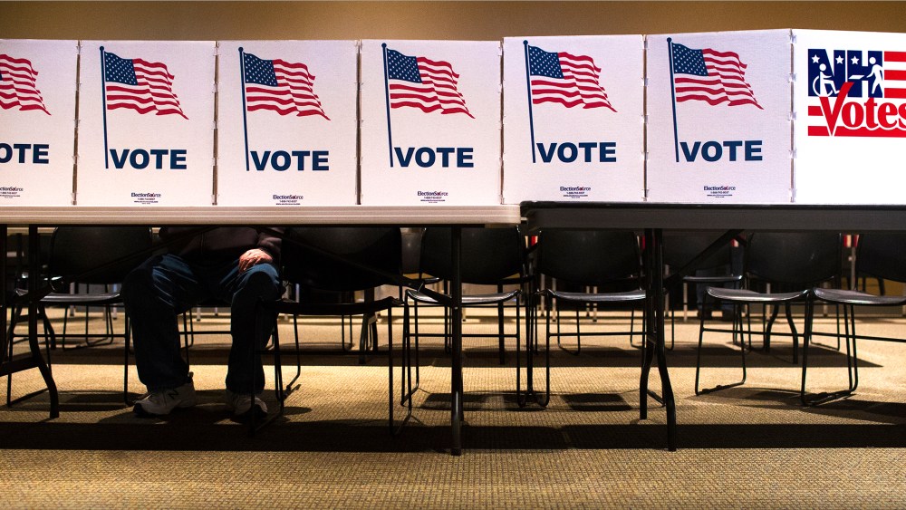 A voter casts their ballot at a polling place at the CrossWay Christian Church in Nashua, N.H., Feb. 9, 2016. (Photo by Cassi Alexandra/For The Washington Post/Getty)