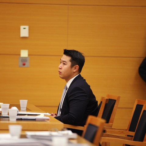 New York City police officer Peter Liang sits in court as testimony is read back for jurors during deliberations in his trial in Brooklyn Supreme Court, Feb. 10, 2016 in New York City. (Photo by Byron Smith/Pool/Getty)