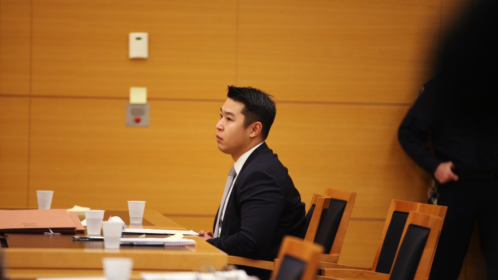 New York City police officer Peter Liang sits in court as testimony is read back for jurors during deliberations in his trial in Brooklyn Supreme Court, Feb. 10, 2016 in New York City. (Photo by Byron Smith/Pool/Getty)