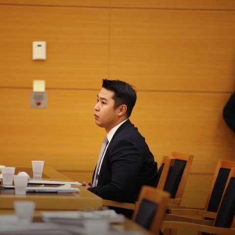 New York City police officer Peter Liang sits in court as testimony is read back for jurors during deliberations in his trial in Brooklyn Supreme Court Feb. 10, 2016 in New York City. (Photo by Byron Smith/Pool/Getty)