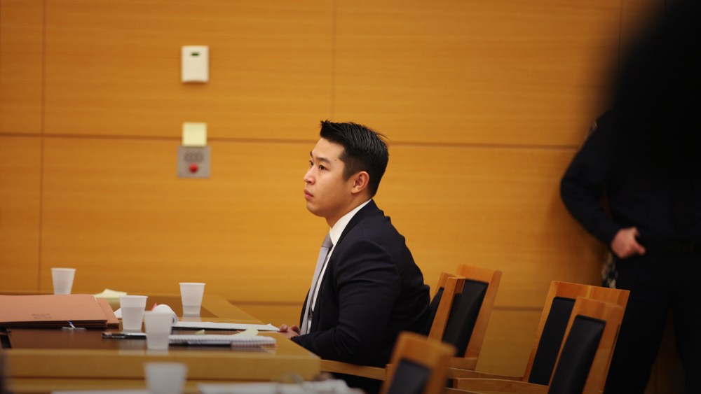 New York City police officer Peter Liang sits in court as testimony is read back for jurors during deliberations in his trial in Brooklyn Supreme Court Feb. 10, 2016 in New York City. (Photo by Byron Smith/Pool/Getty)