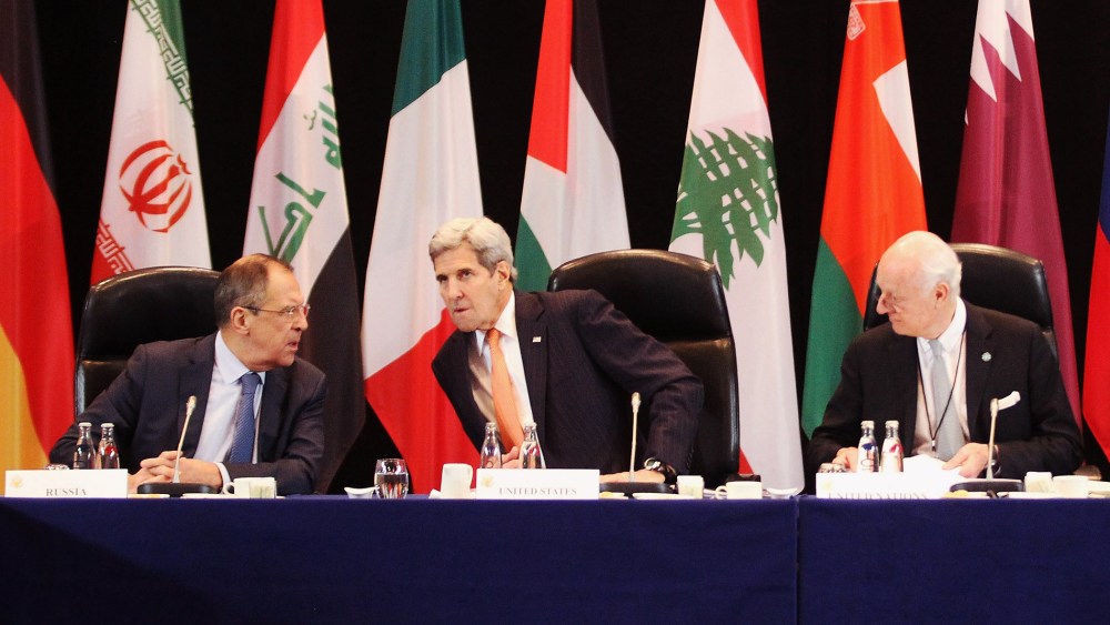 Russian foreign minister Sergey Lavrov, U.S. Secretary of State John Kerry and UN special envoy on Syria Staffan de Mistura are pictured during a meeting of the ISSG on Feb. 11, 2016 in Munich, Germany. (Photo by Alexandra Beier/Pool/Getty)