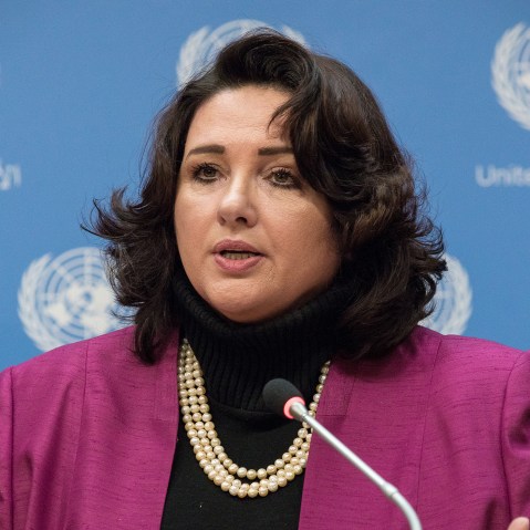 Helena Dalli speaks with the press during a briefing at UN Headquarters in New York, N.Y. on Feb. 11, 2016. (Photo by Albin Lohr-Jones/Pacific Press/LightRocket/Getty)