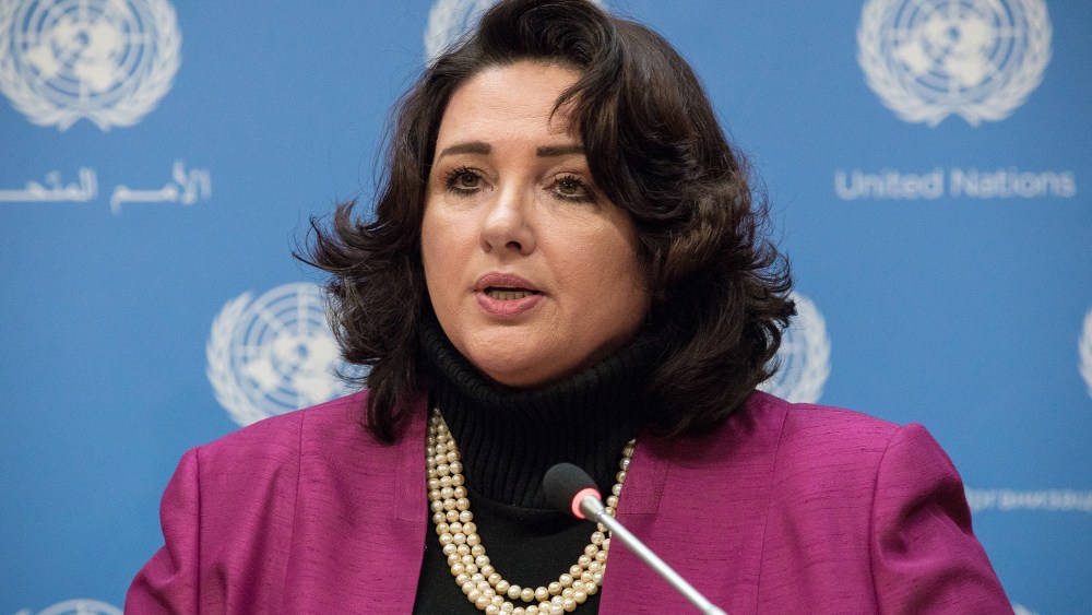 Helena Dalli speaks with the press during a briefing at UN Headquarters in New York, N.Y. on Feb. 11, 2016. (Photo by Albin Lohr-Jones/Pacific Press/LightRocket/Getty)