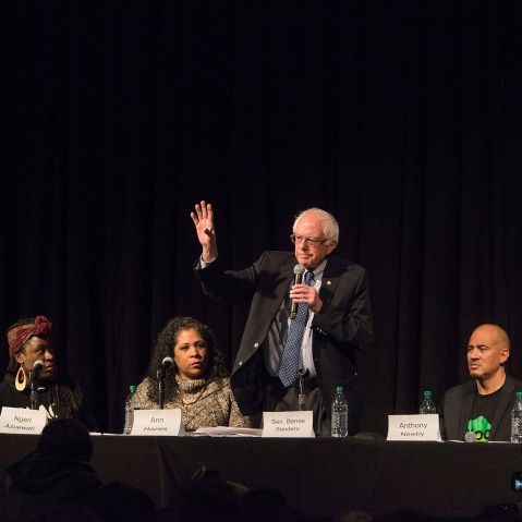 Bernie Sanders answers questions on wage disparity, incarceration rates of, and reparations for, black Americans, at a forum on race and economic opportunity at Patrick Henry High School, Feb. 12, 2016, Minneapolis, Minn. (Photo by Stephen Maturen/Getty)
