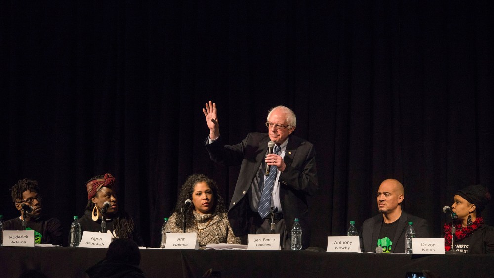 Bernie Sanders answers questions on wage disparity, incarceration rates of, and reparations for, black Americans, at a forum on race and economic opportunity at Patrick Henry High School, Feb. 12, 2016, Minneapolis, Minn. (Photo by Stephen Maturen/Getty)