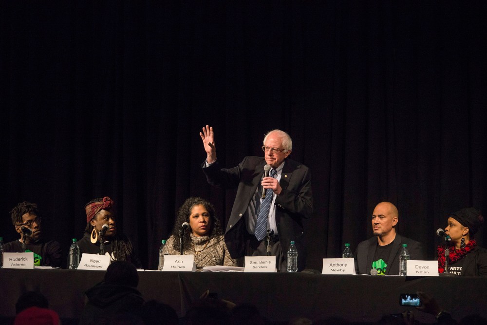 Bernie Sanders answers questions on wage disparity, incarceration rates of, and reparations for, black Americans, at a forum on race and economic opportunity at Patrick Henry High School, Feb. 12, 2016, Minneapolis, Minn. (Photo by Stephen Maturen/Getty)