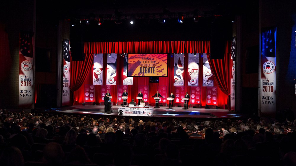 Republican Presidential candidates participate in the Republican presidential candidate debate sponsored by CBS News and the Republican National Committee at the Peace Center in Greenville, S.C., Feb. 13, 2016. (Photo by Daniel Acker/Bloomberg/Getty)