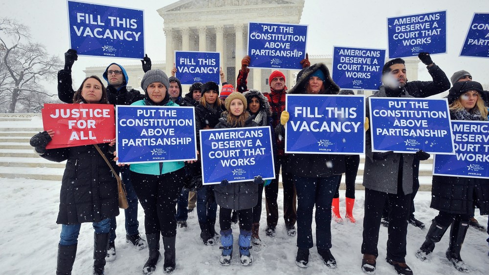 People For the American Way activists rally outside of the Supreme Court on Feb. 15, 2016 in Washington DC. (Photo by Larry French/People for the American Way/Getty)