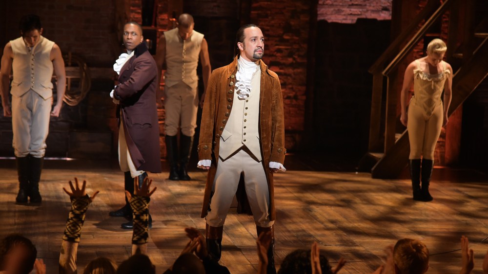 Actor Leslie Odom Jr., actor-composer Lin-Manuel Miranda (R) and cast of "Hamilton" perform on stage during "Hamilton" GRAMMY performance for The 58th GRAMMY Awards at Richard Rodgers Theater, Feb. 15, 2016. (Photo by Theo Wargo/WireImage/Getty)