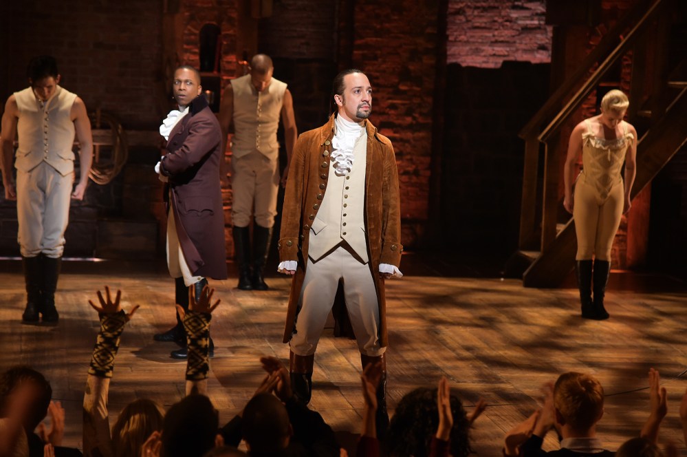 Actor Leslie Odom Jr., actor-composer Lin-Manuel Miranda (R) and cast of "Hamilton" perform on stage during "Hamilton" GRAMMY performance for The 58th GRAMMY Awards at Richard Rodgers Theater, Feb. 15, 2016. (Photo by Theo Wargo/WireImage/Getty)