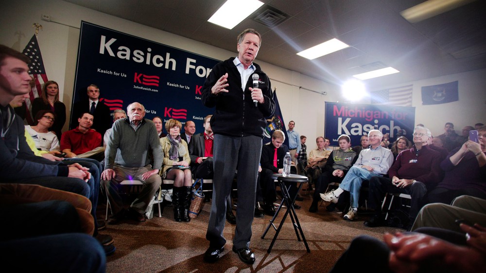 Ohio Governor and Republican Presidential Candidate John Kasich holds a Town Hall meeting Feb. 16, 2016 in Livonia, Mich. (Photo by Bill Pugliano/Getty)