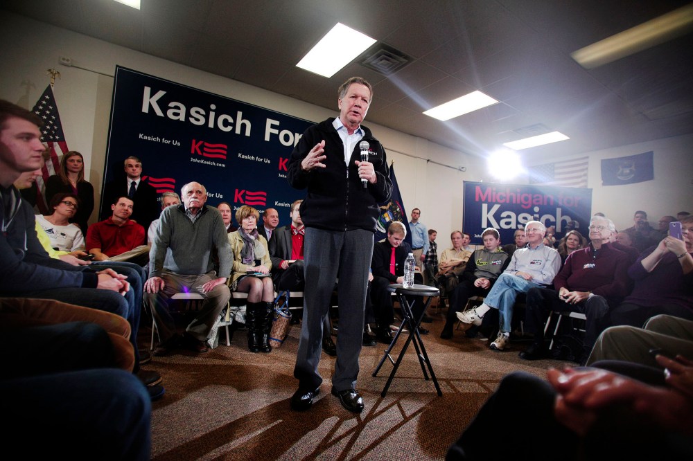 Ohio Governor and Republican Presidential Candidate John Kasich holds a Town Hall meeting Feb. 16, 2016 in Livonia, Mich. (Photo by Bill Pugliano/Getty)