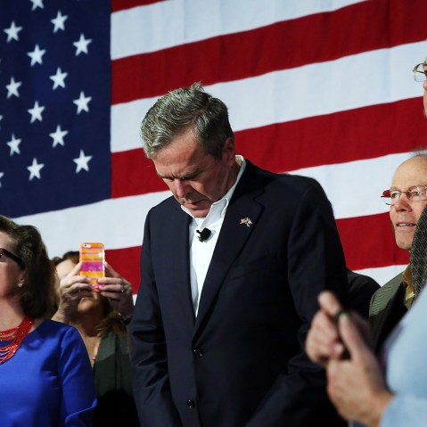 Jeb Bush looks at his shoes during a campaign stop on Feb. 17, 2016 in Beaufort, S.C. (Photo by Spencer Platt/Getty)