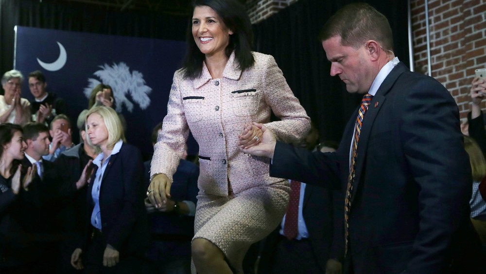 South Carolina Governor Nikki Haley campaigns for Republican presidential candidate Sen. Marco Rubio (R-FL) during an event Feb. 18, 2016 in Greenville, S.C. (Photo by Alex Wong/Getty)