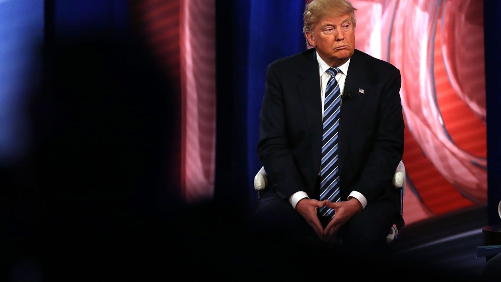 Republican presidential candidate Donald Trump listens to questions at a South Carolina Republican Presidential Town Hall on Feb. 18, 2016 in Columbia, S.C. (Photo by Spencer Platt/Getty)