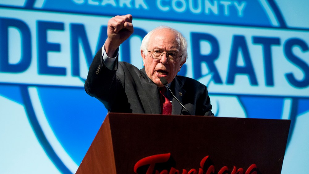 Bernie Sanders speaks during the Clark County Democratic Party Kick Off to Caucus Dinner at the Tropicana in Las Vegas, Nev., Feb. 18, 2016, two days before the Nevada Democrats' presidential caucus. (Photo By Bill Clark/CQ Roll Call/Getty)