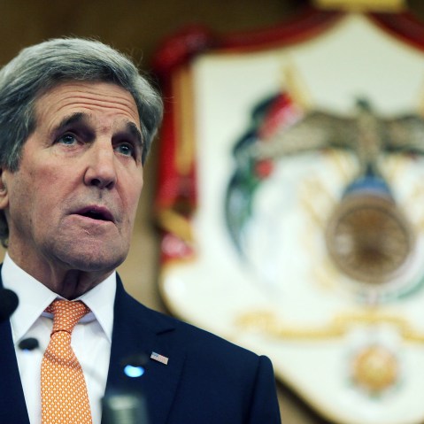 U.S. Secretary of Sate John Kerry holds a press conference with Jordanian Foreign Minister Nasser Judeh on Feb. 21, 2016 in Amman, Jordan. (Photo by Jordan Pix/ Getty)