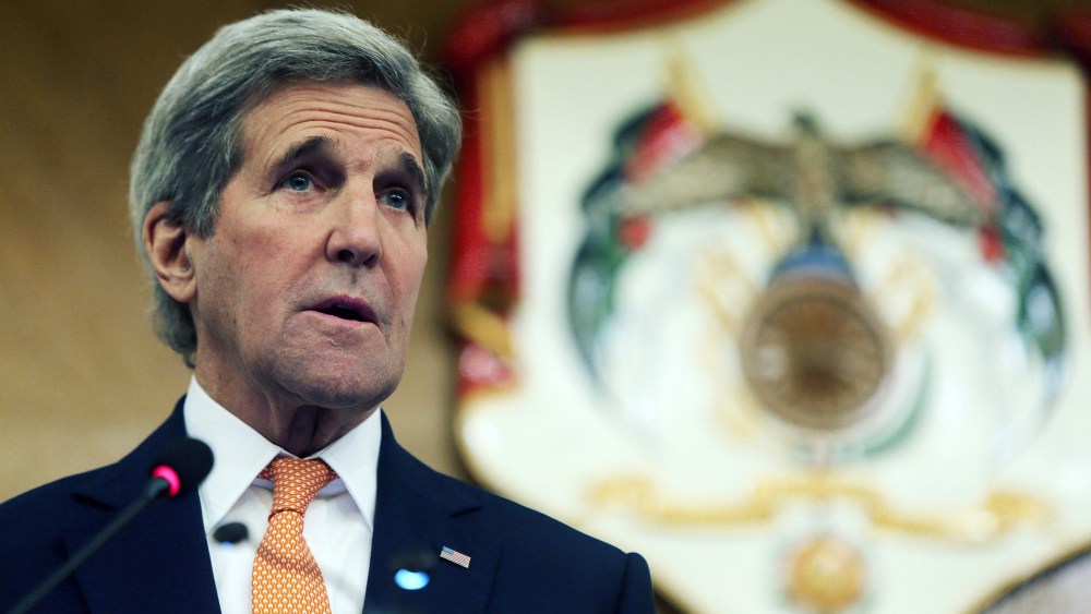 U.S. Secretary of Sate John Kerry holds a press conference with Jordanian Foreign Minister Nasser Judeh on Feb. 21, 2016 in Amman, Jordan. (Photo by Jordan Pix/ Getty)