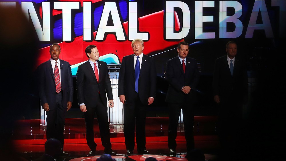 Republican presidential candidates stand on stage for the Republican Presidential Primary Debate on Feb. 25, 2016 in Houston, Texas. (Photo by Joe Raedle/Getty)