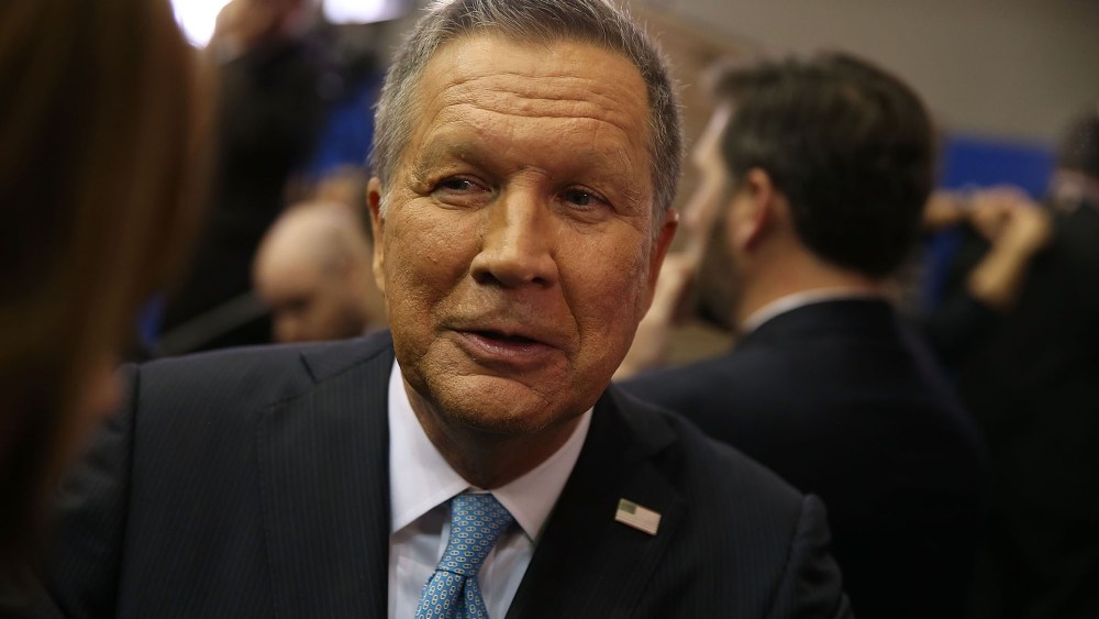 Republican presidential candidate Ohio Gov. John Kasich speaks to the media in the spin room at the Republican National Committee Presidential Primary Debate, Feb. 25, 2016 in Houston, Texas. (Photo by Joe Raedle/Getty)