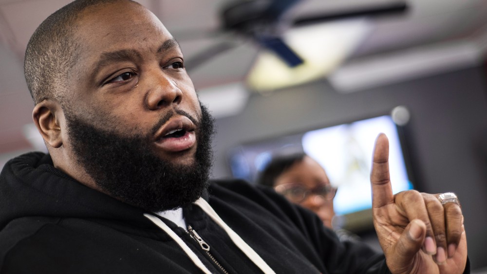 Rapper Killer Mike talks about the South Carolina Democratic presidential primary at Stroy's Barber Shop Friday, Feb. 26, 2016 in Columbia, S.C. (Photo by Sean Rayford/Getty)