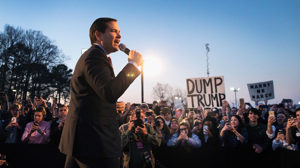 Republican presidential candidate Sen. Marco Rubio (R-FL) speaks at a campaign rally at the Space and Rocket Center on Feb. 27, 2016 in Huntsville, Ala. (Photo by Scott Olson/Getty)